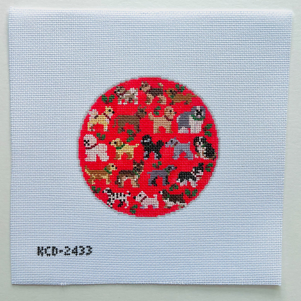 Red Christmas Dogs Round Canvas